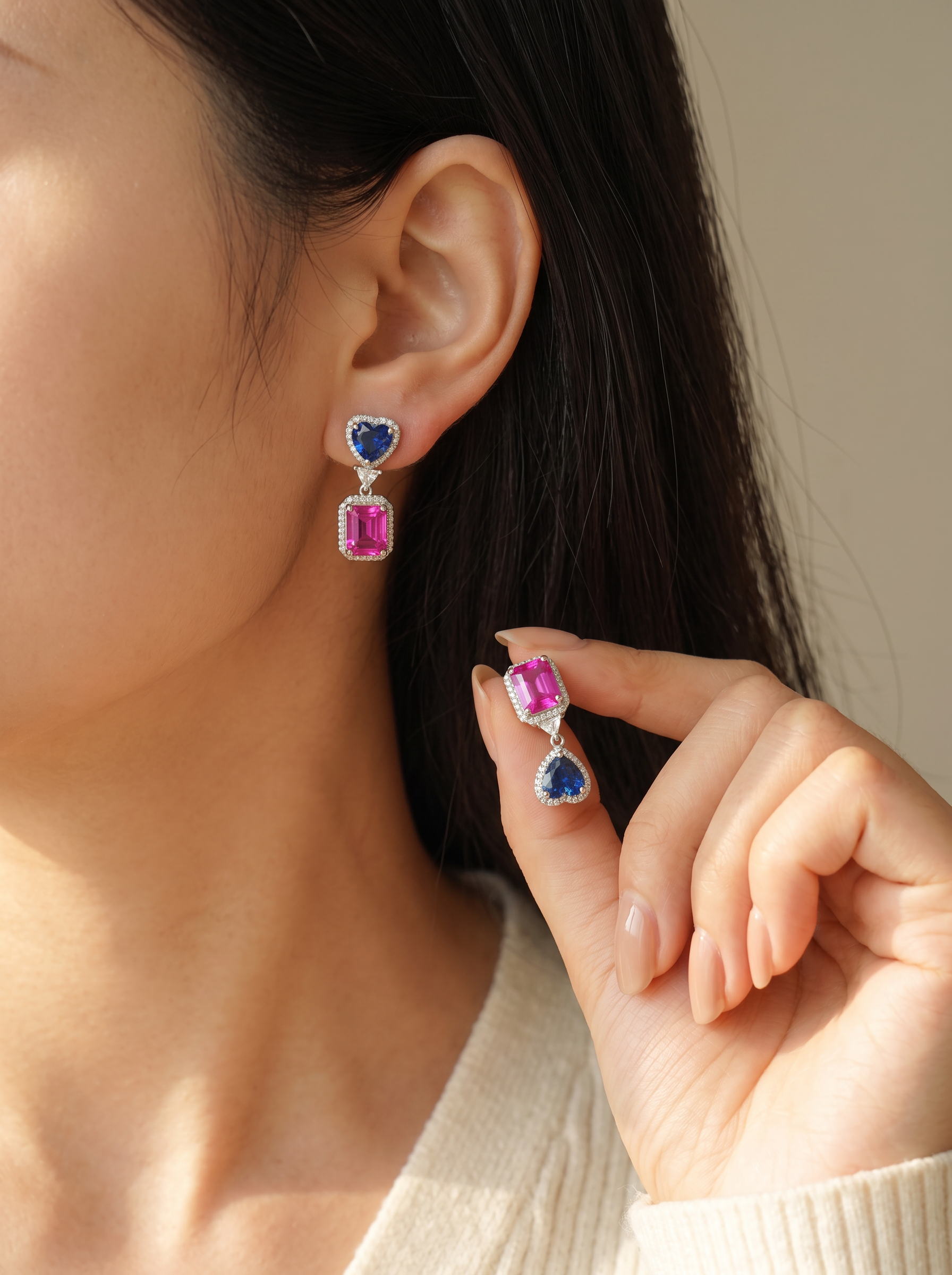 Heart-Cut & Emerald-Cut Two-Stone Sapphire Dangle Earrings - Crimson Tide