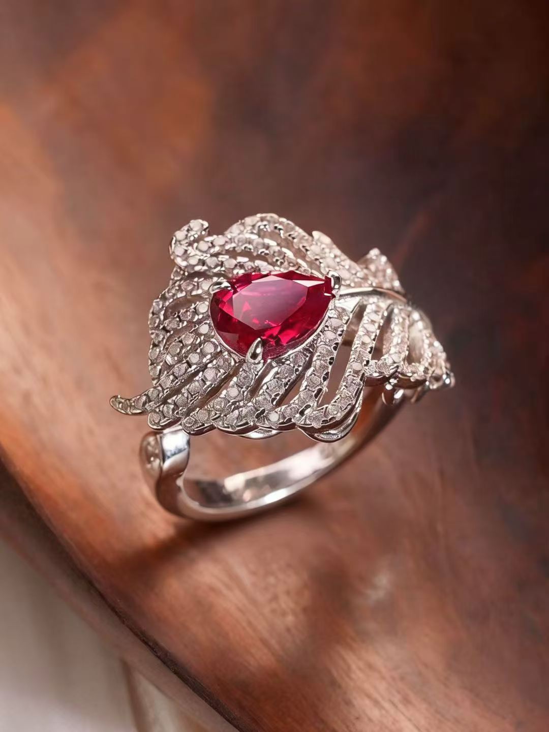 Pear Brilliant Cut Ruby Ring - Feathered Flame