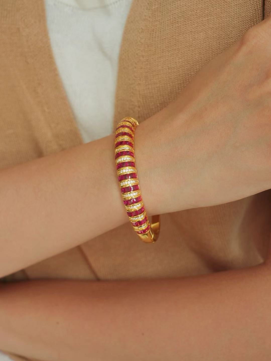 Ruby-Square Step Cut Bangle-Stripe Ruby