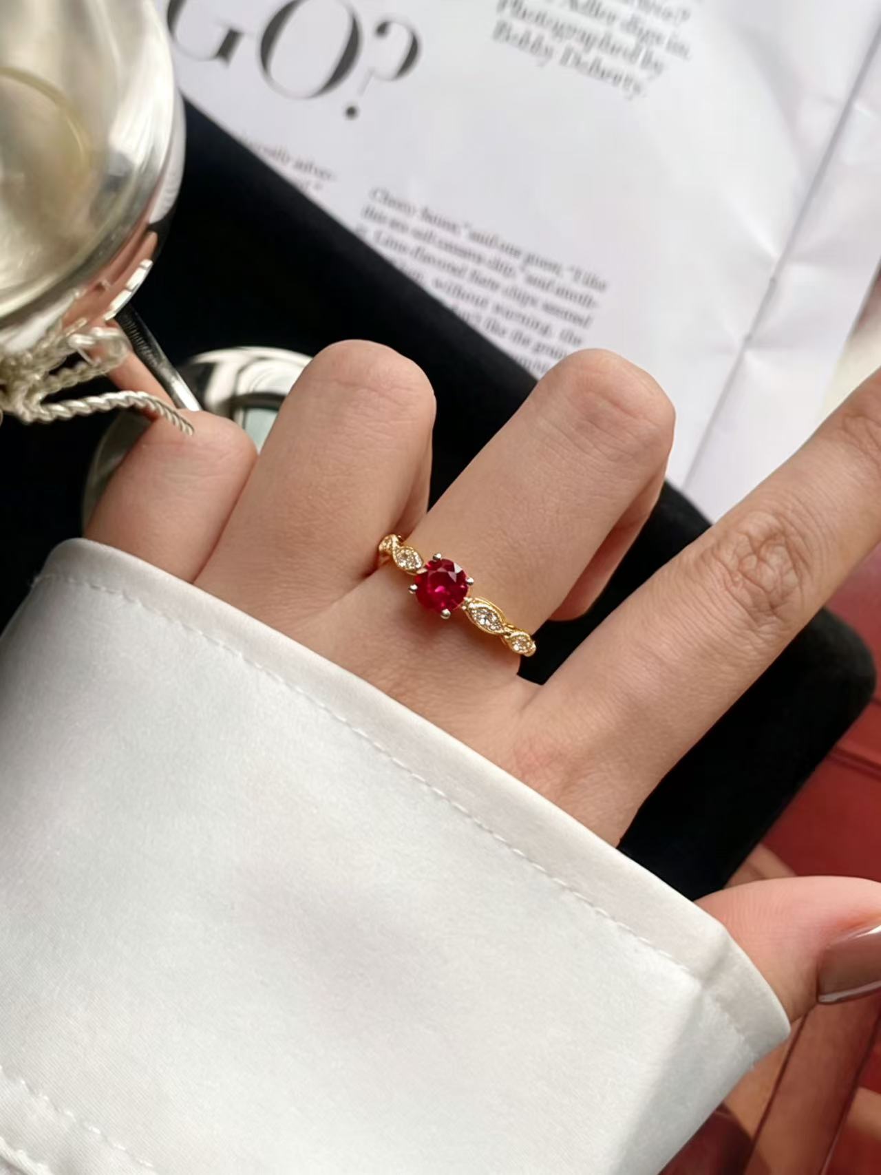 Round Brilliant Cut Ruby Ring - Floral Elegance