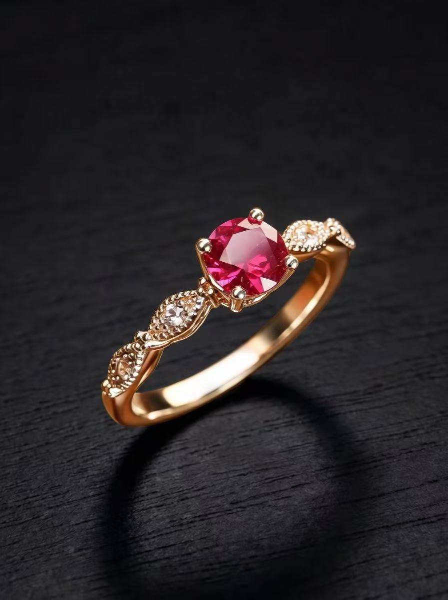 Ruby-Round Brilliant Ring-Floral Elegance