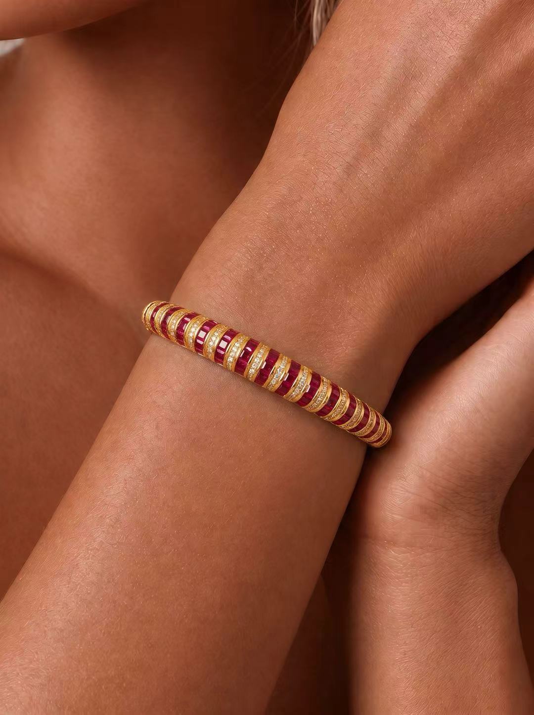 Ruby-Square Step Cut Bangle-Stripe Ruby