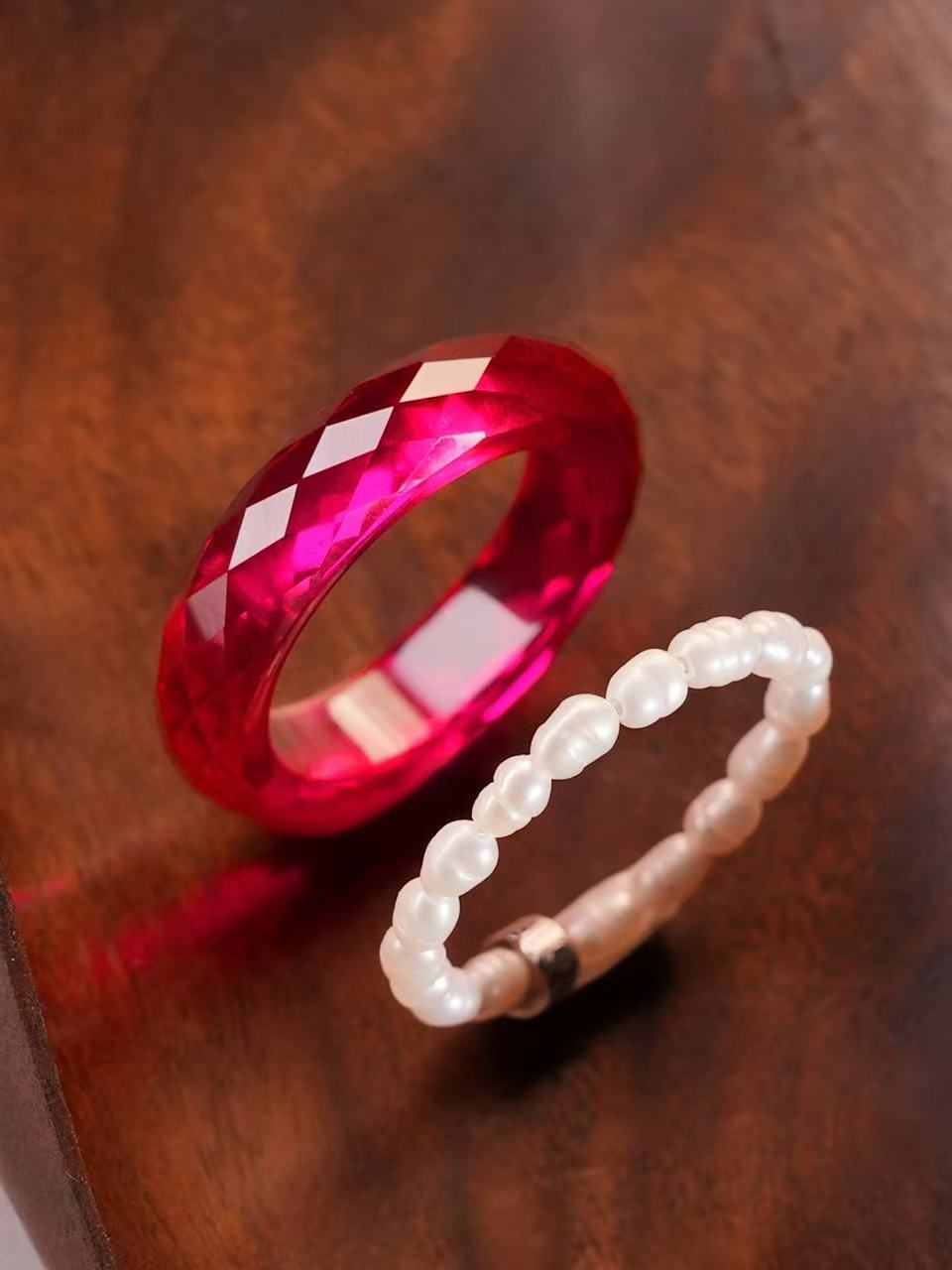Ruby-360-Degree Faceted +Pearl Rings