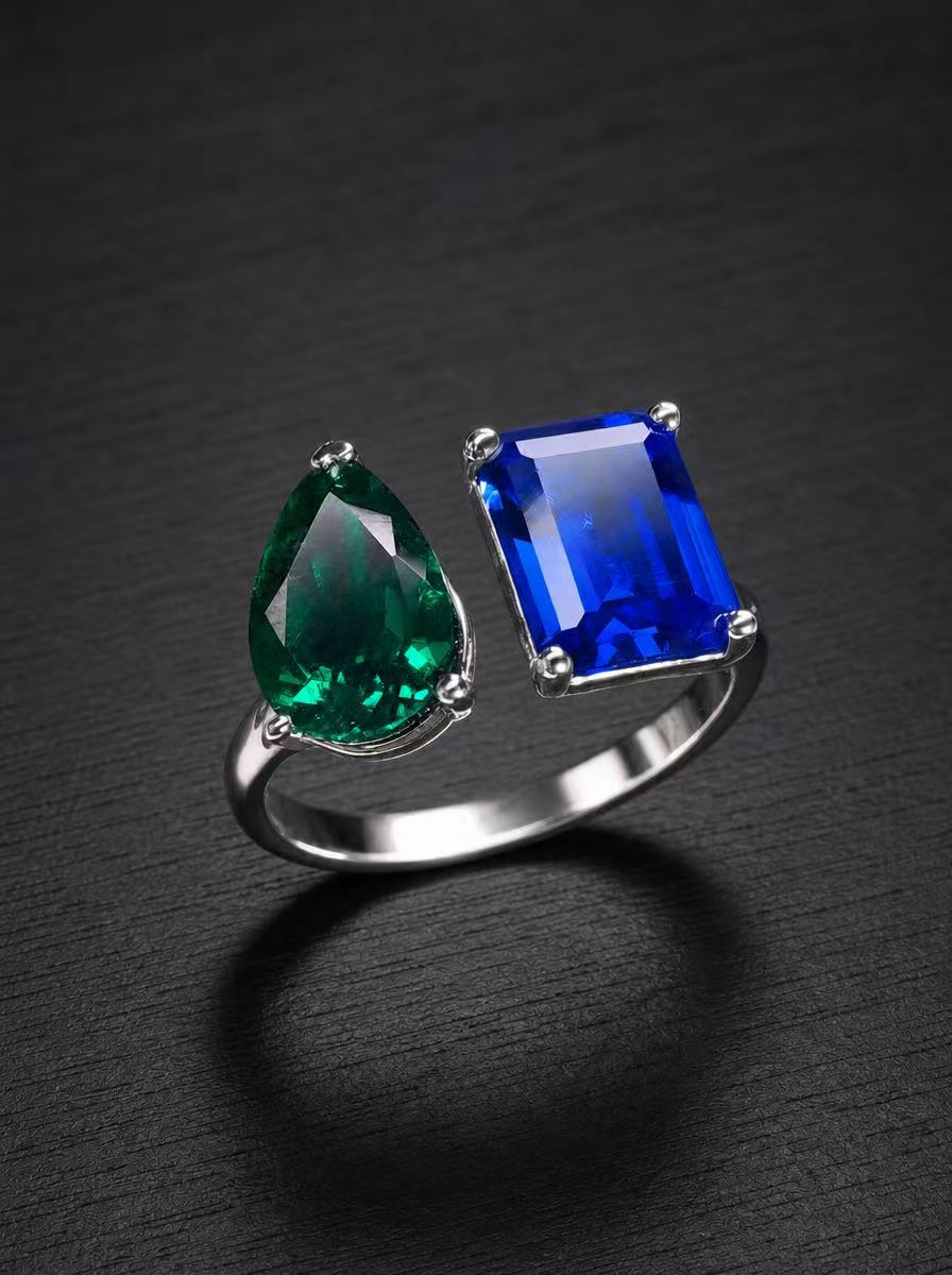 Emerald+Sapphire-Adjustable Ring Set