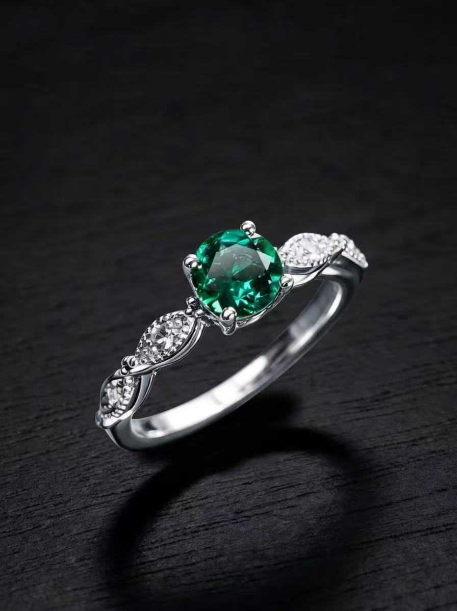 Emerald-Round Brilliant Cut Ring-Floral Elegance