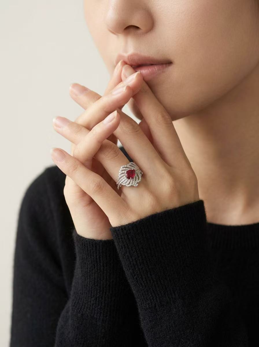 Pear Brilliant Cut Ruby Ring - Feathered Flame