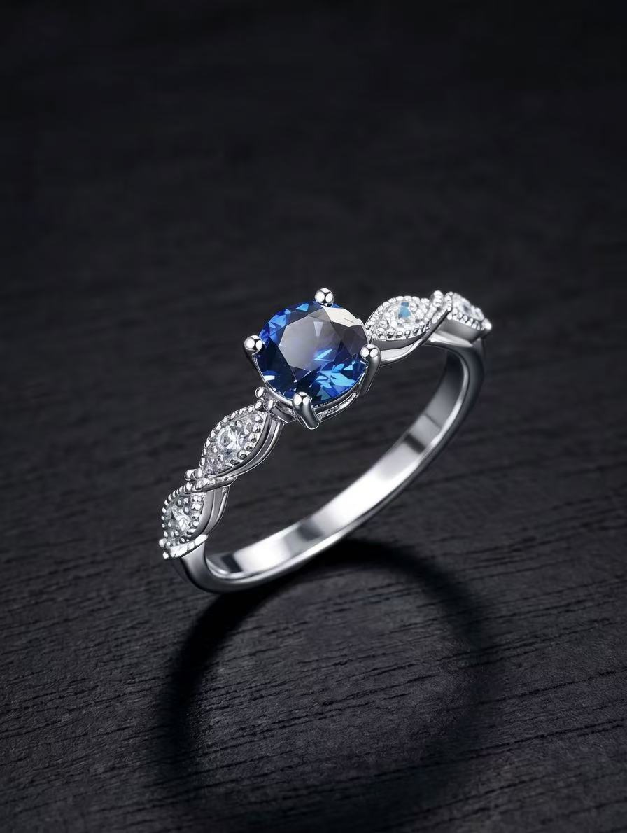 Sapphire-Round Brilliant Cut Ring-Floral Elegance