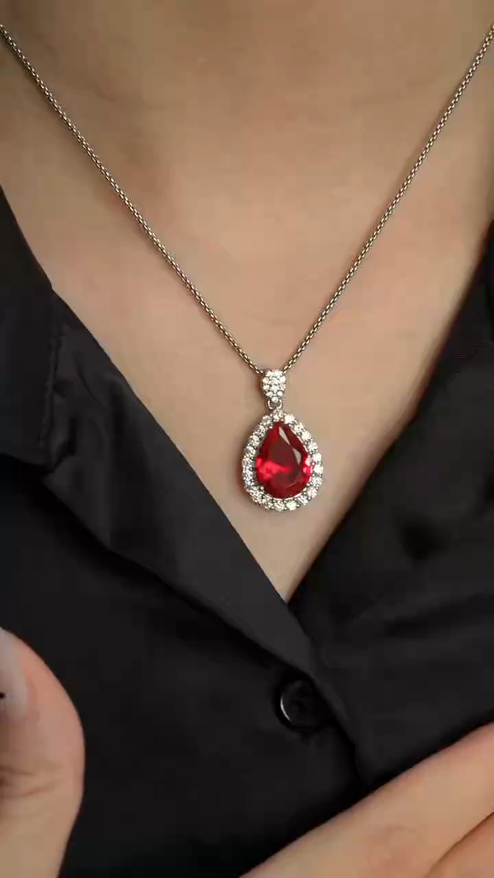 Pear brilliant cut Ruby Necklace - Crimson Tear