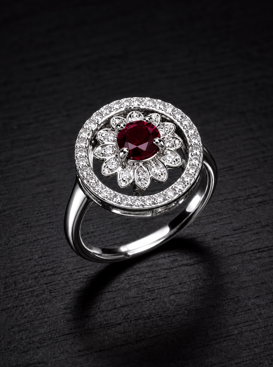 Garnet-Round Brilliant Cut Spinner Ring-Fortune Blossom