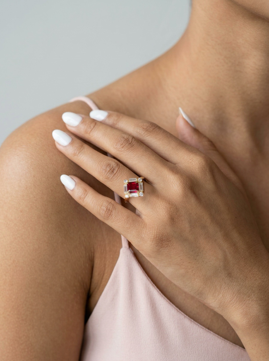 Emerald Brilliant Cut Ruby Ring - Majestic Red