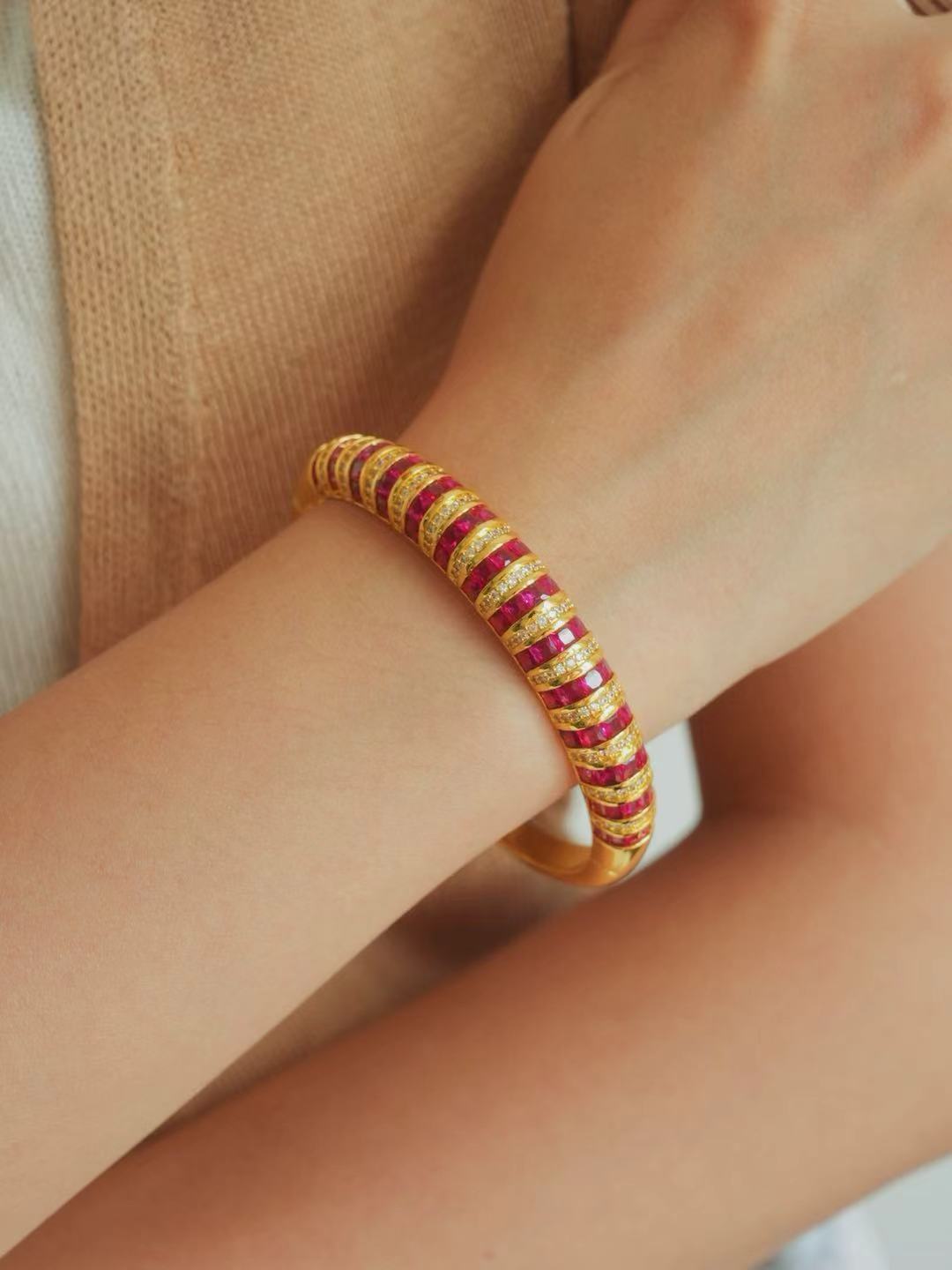 Ruby-Square Step Cut Bangle-Stripe Ruby