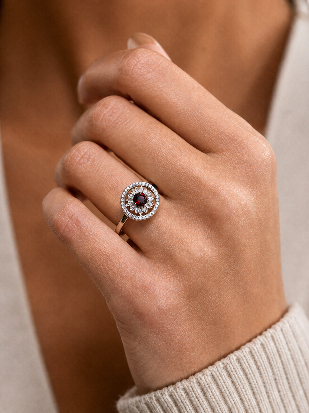 Garnet-Round Brilliant Cut Spinner Ring-Fortune Blossom