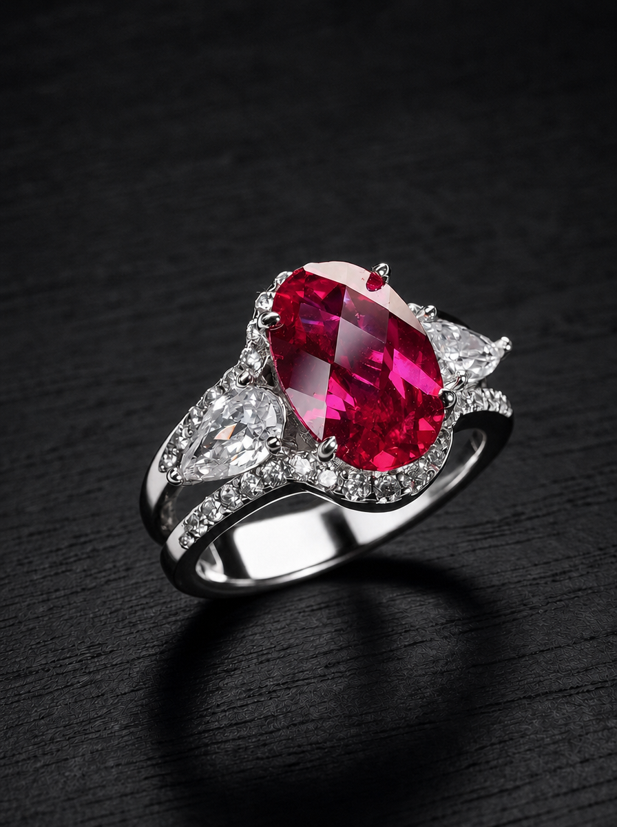 Ruby-Checkered Brilliant Cut Ring - Crimson Illusion 