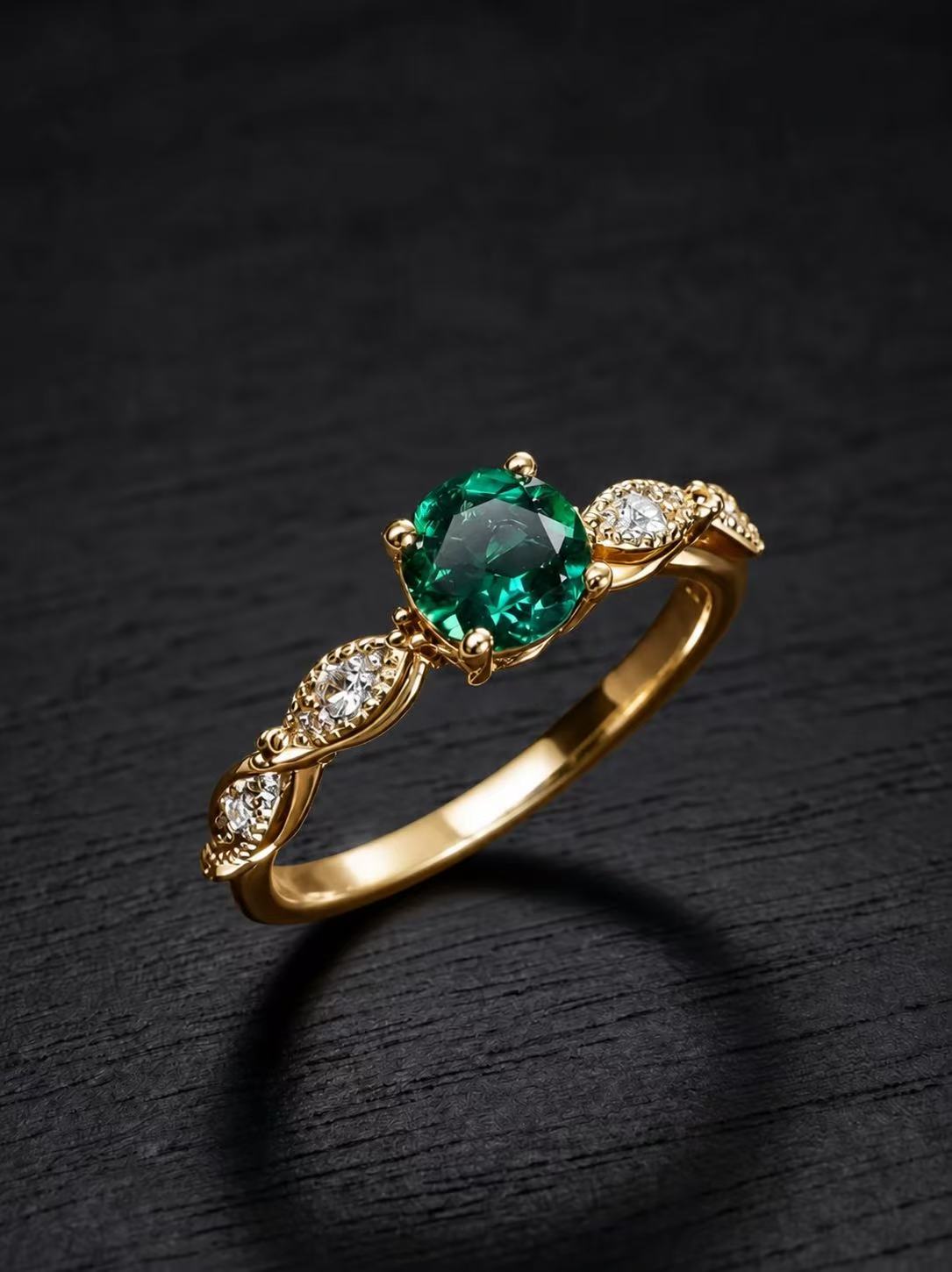 Emerald-Round Brilliant Cut Ring-Floral Elegance