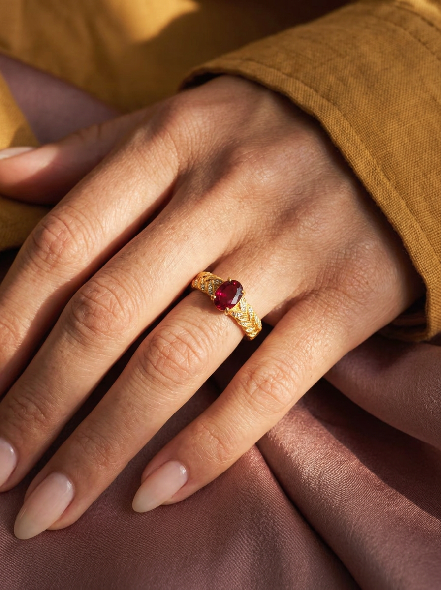 Garnet-Oval Brilliant Cut Ring-Golden Wheat