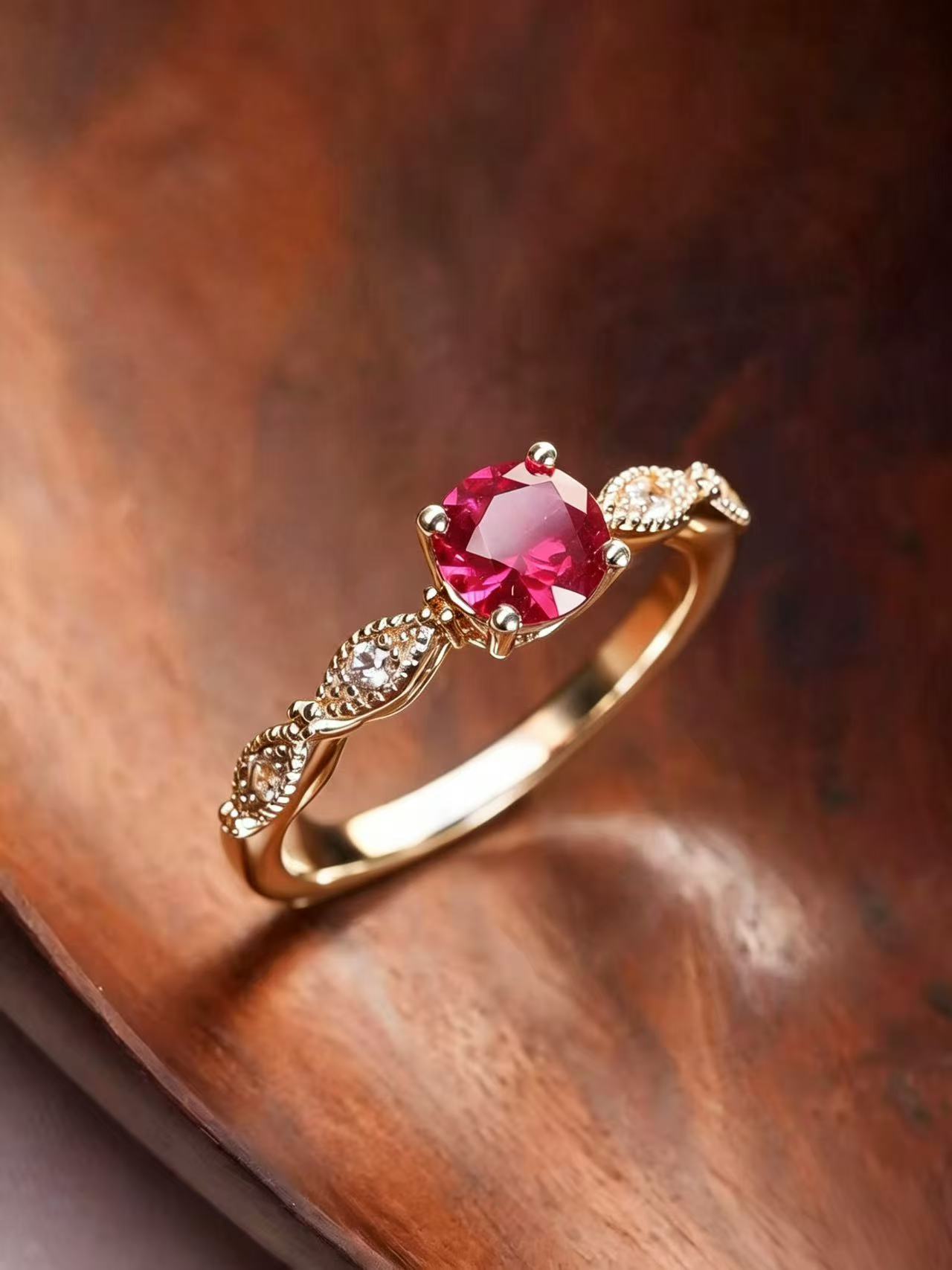 Round Brilliant Cut Ruby Ring - Floral Elegance