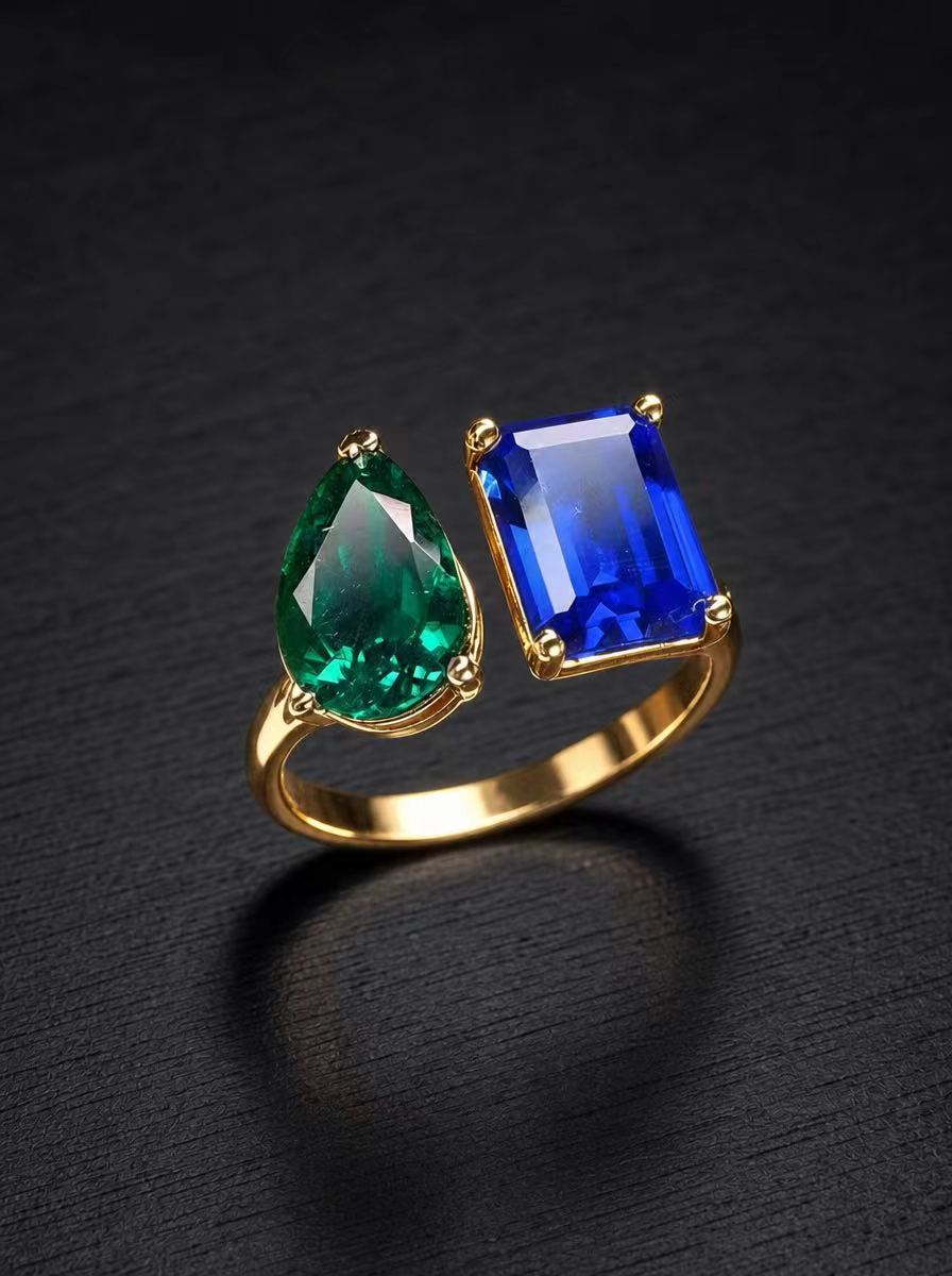 Emerald+Sapphire-Adjustable Ring Set