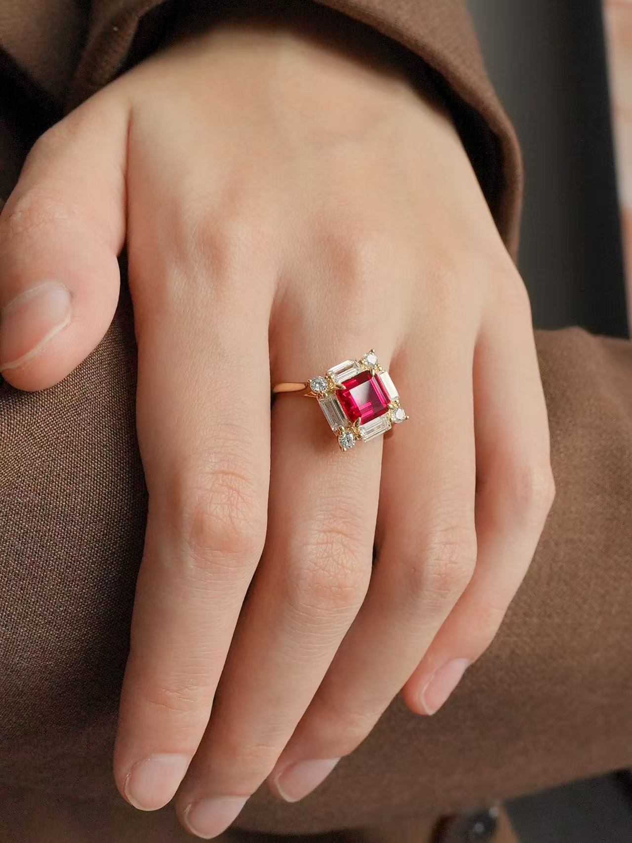 Emerald Brilliant Cut Ruby Ring - Majestic Red