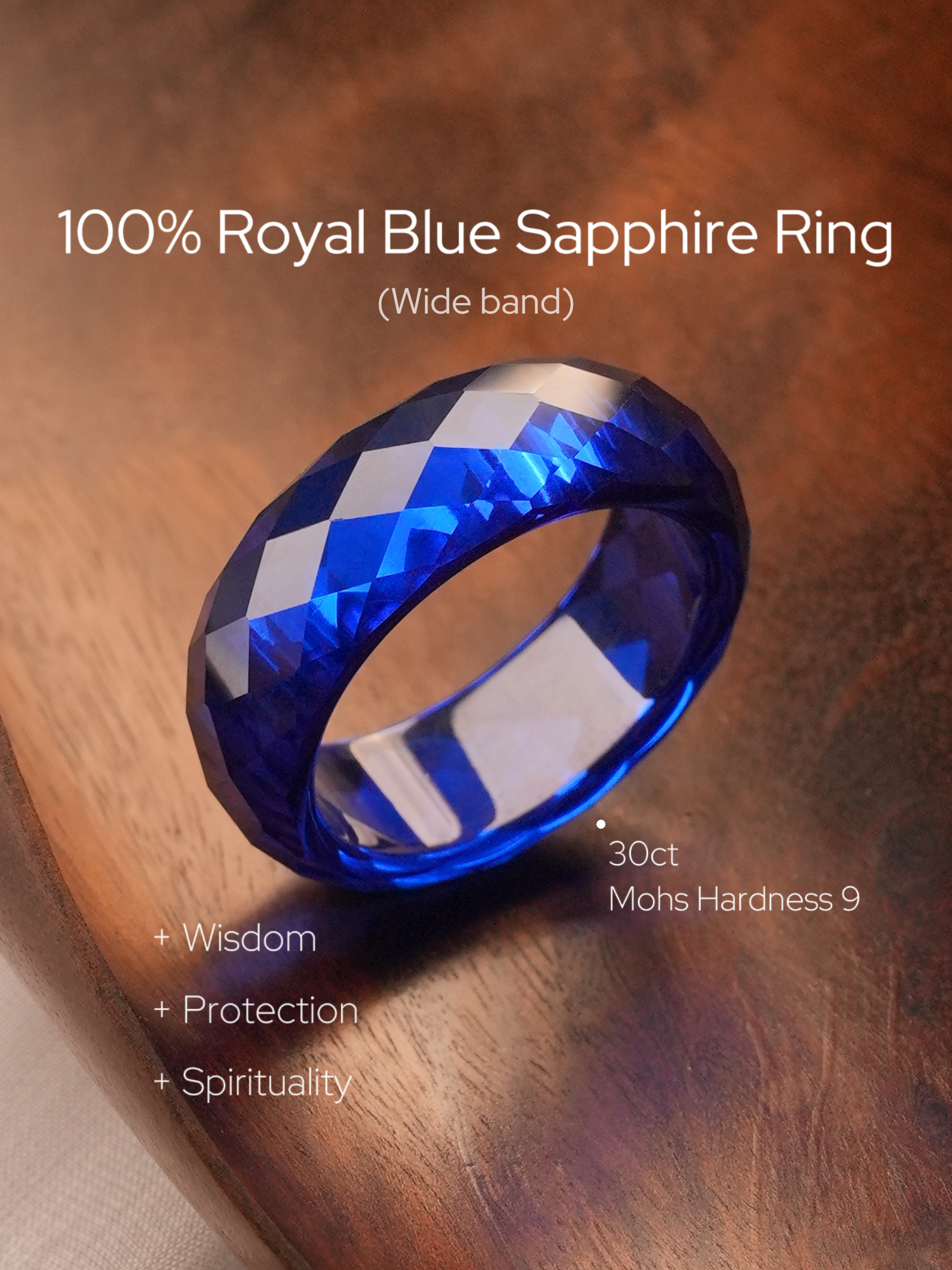 360-Degree Faceted Royal Blue Sapphire Ring - Wide-band