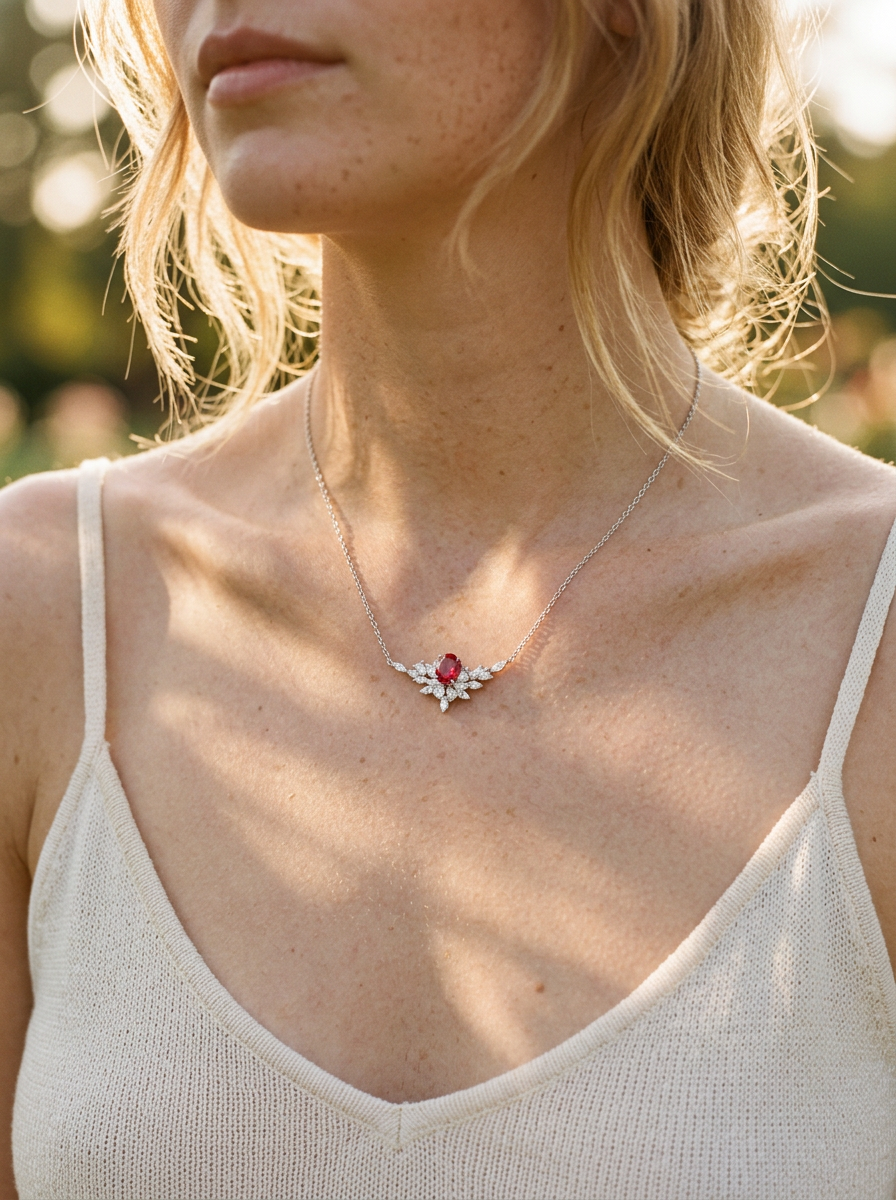 Oval Brilliant Cut Ruby Necklace - Ember Wings