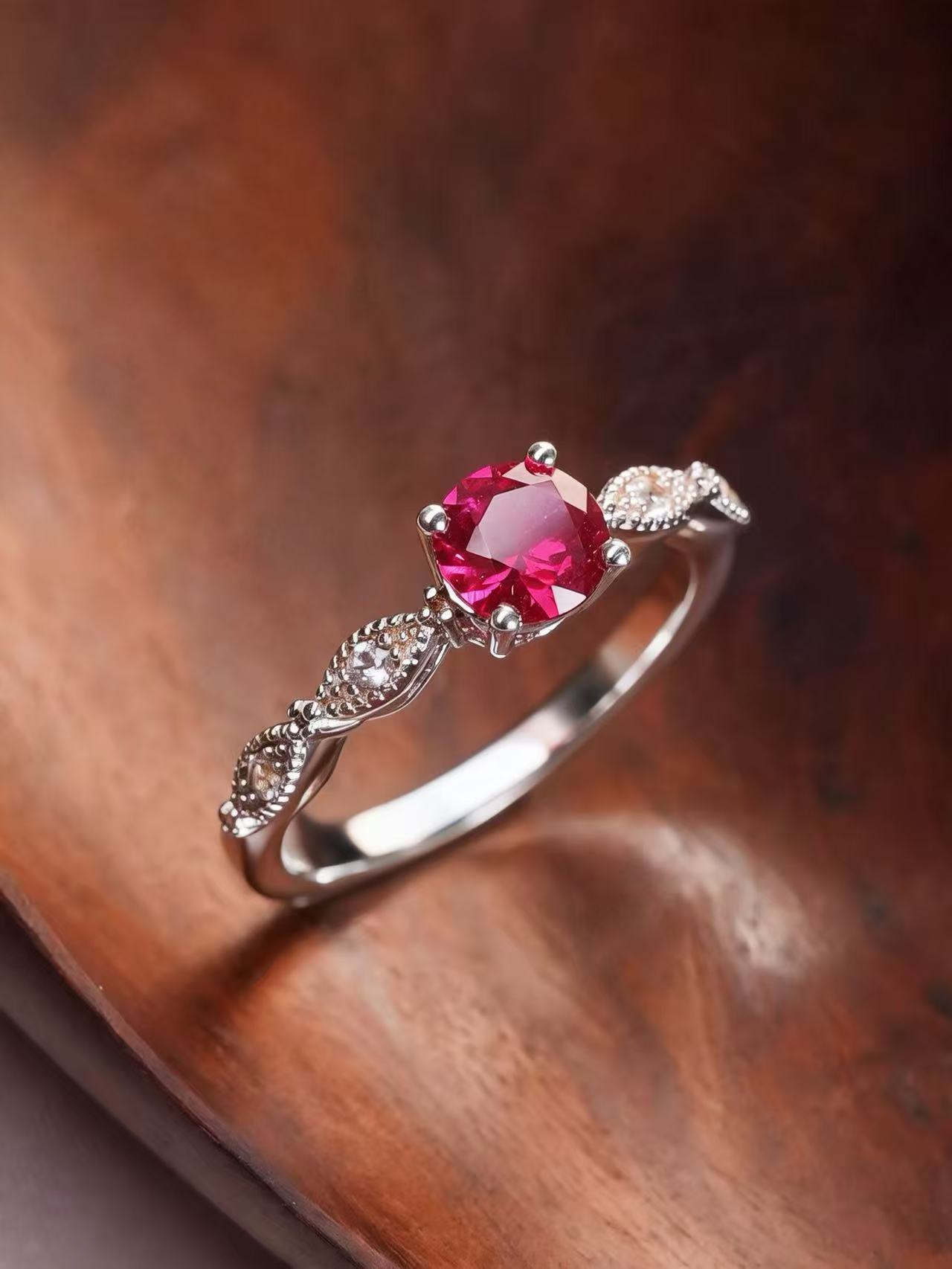 Round Brilliant Cut Ruby Ring - Floral Elegance