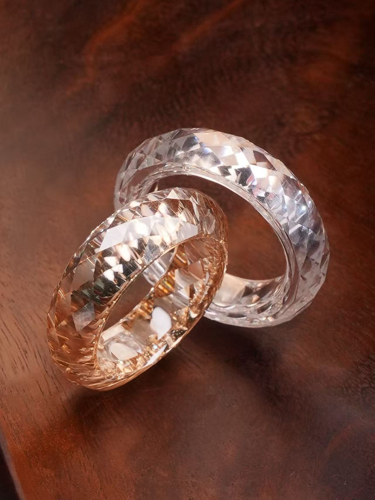  Champagne Gold+Moon White Moissanite - 360-Degree Faceted Rings