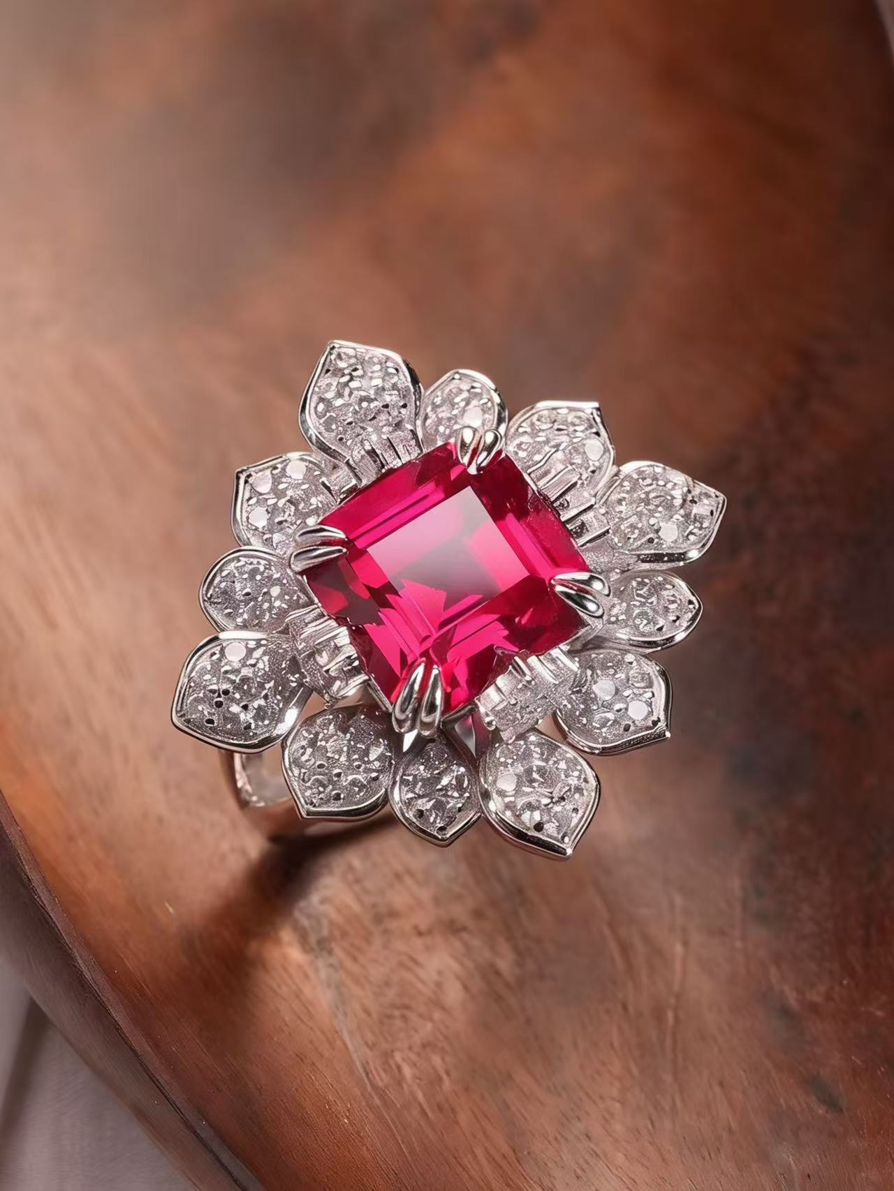 Emerald Brilliant Cut Ruby Ring - Embers' Glow