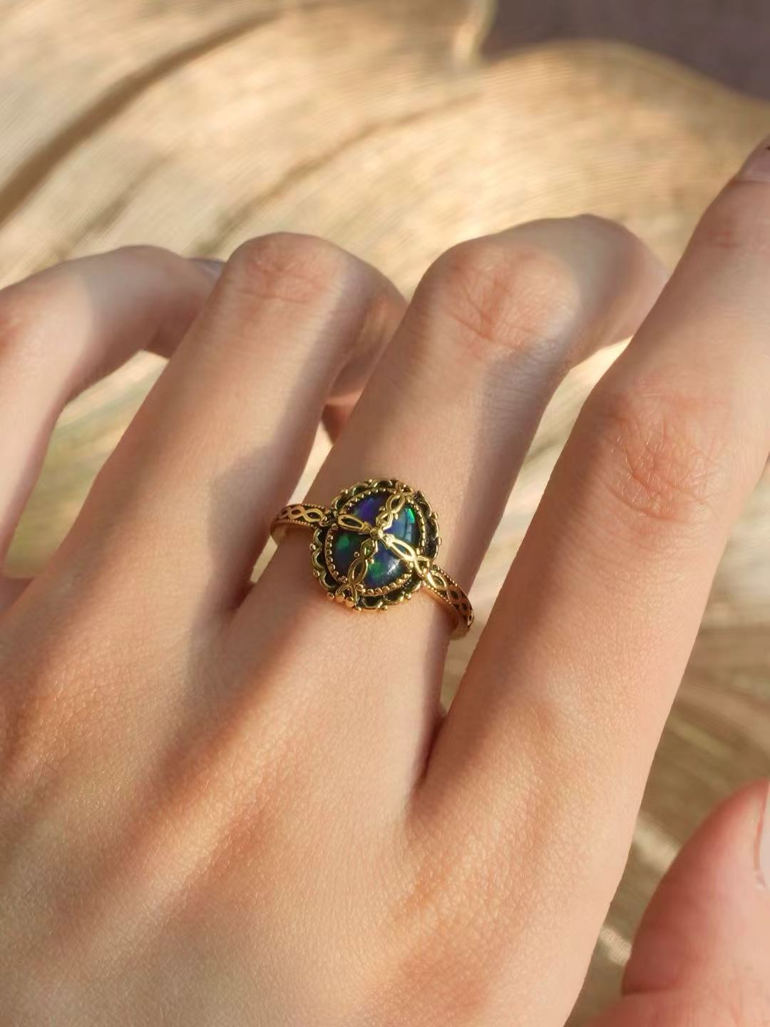 Round Brilliant Cut Cabochon Opal Ring - Black Warrior