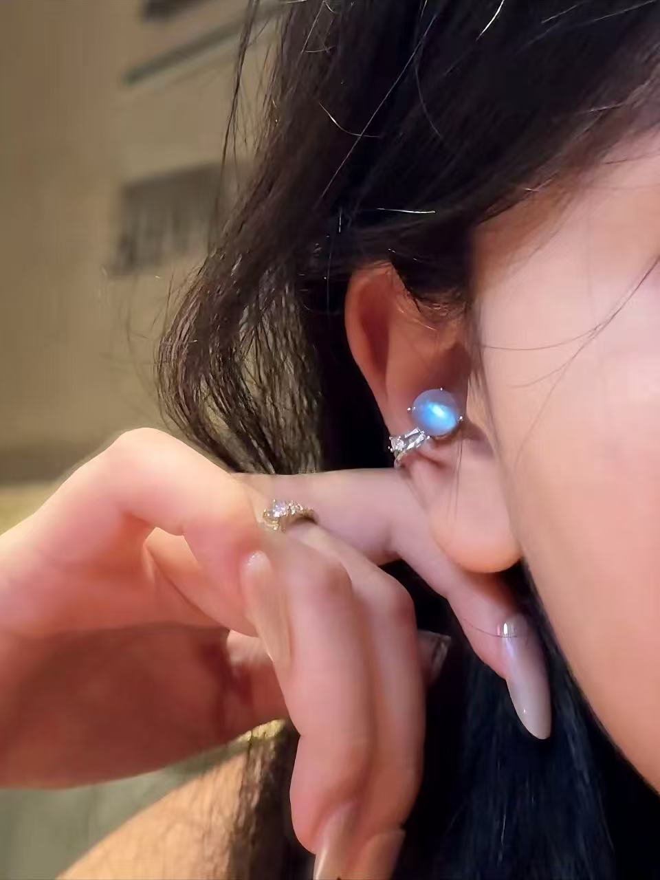Round Cabochon Moonstone Ear Cuff - Moonlight Whisper