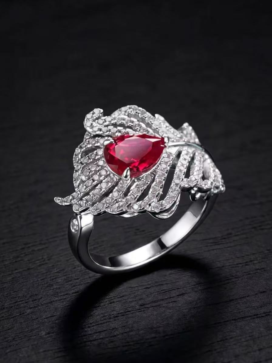 Ruby-Pear Brilliant Cut Ring-Feathered Flame