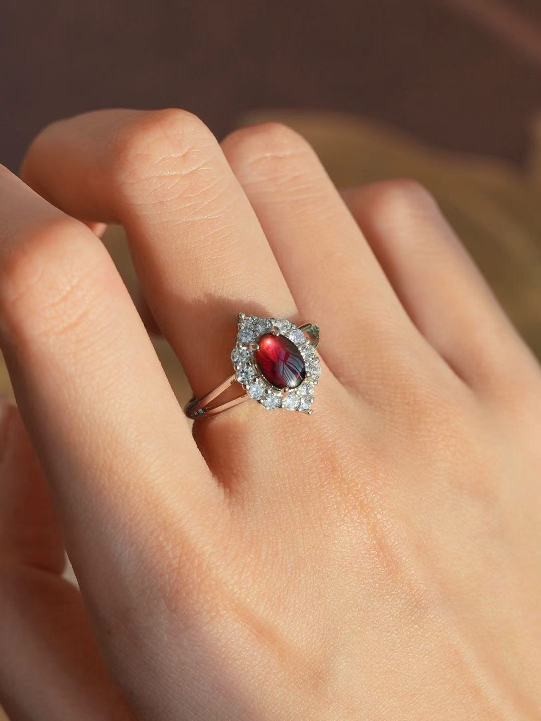 Cabochon Cut Natural Garnet Ring - Garnet Halo