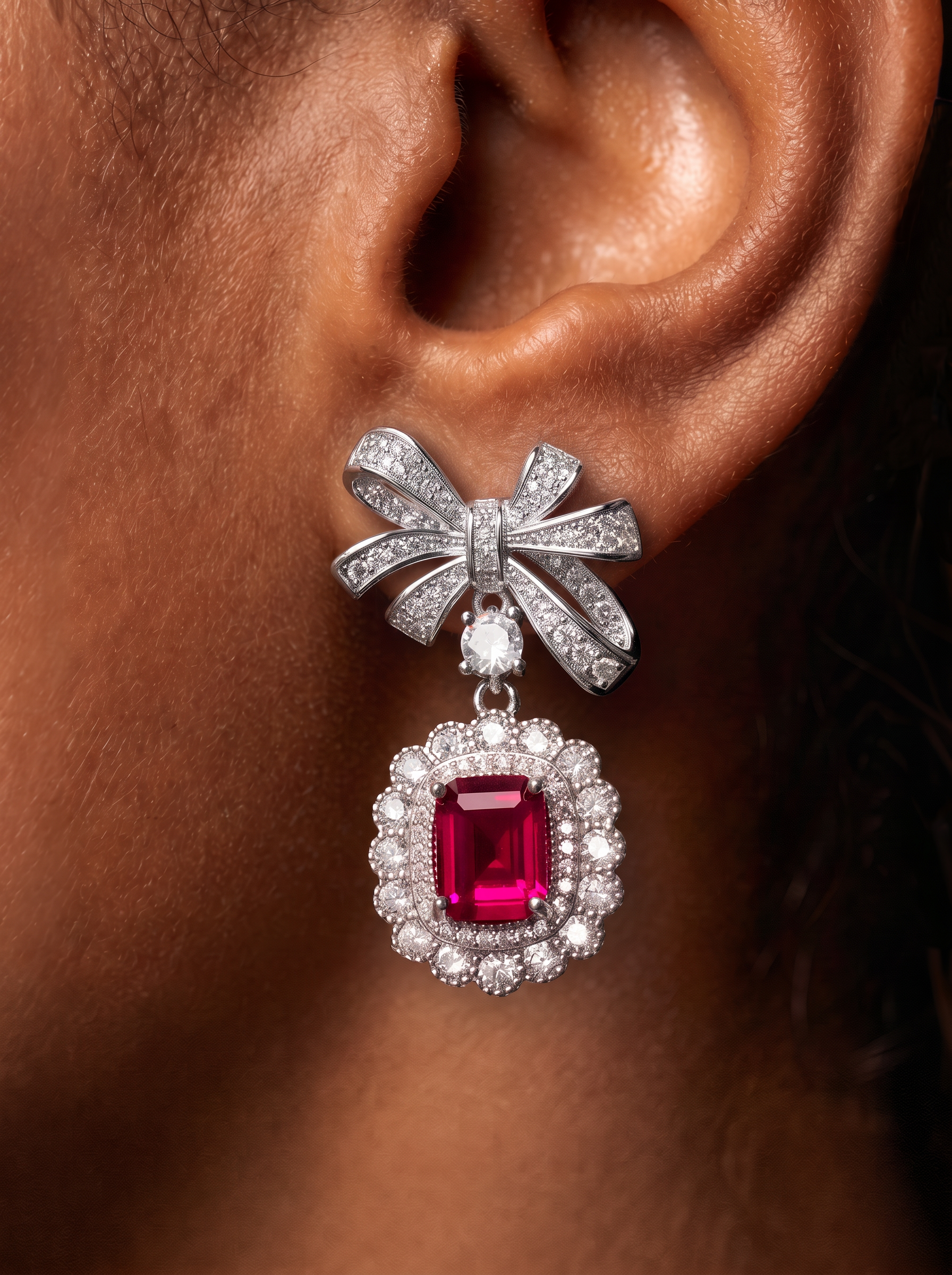 Emerald Brilliant Cut Ruby Earrings - Bow Cascade