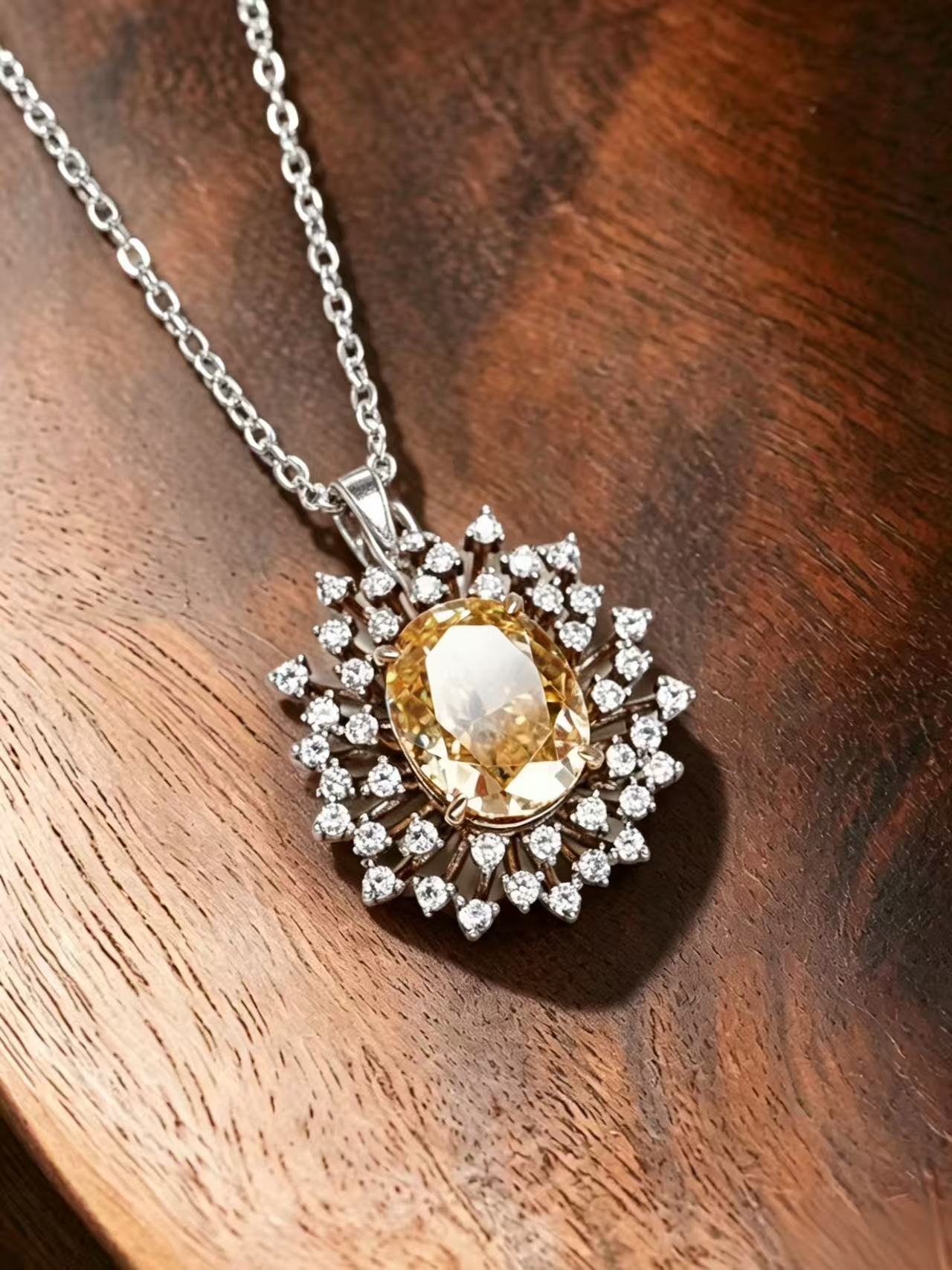 Oval Brilliant Cut Cubic Zirconia Necklace - Golden Sunburst