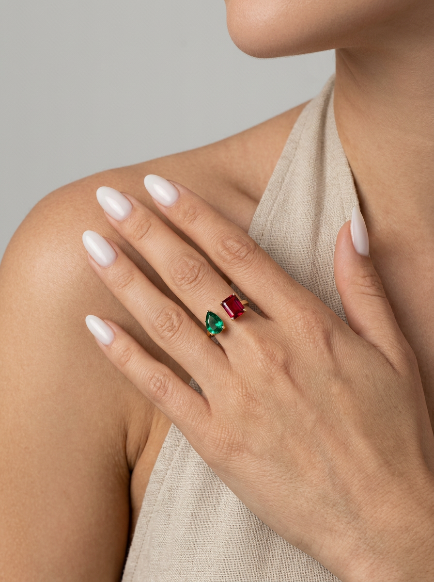 Adjustable Ring Set with Emerald and Ruby