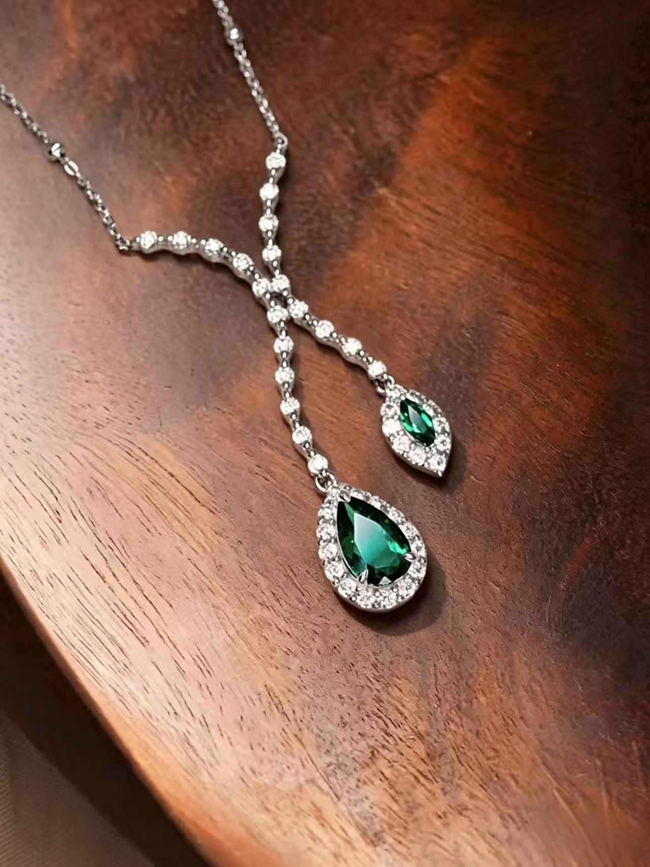 Pear Brilliant Cut/Marquise Brilliant Cut Emerald Necklace - Lake Romance
