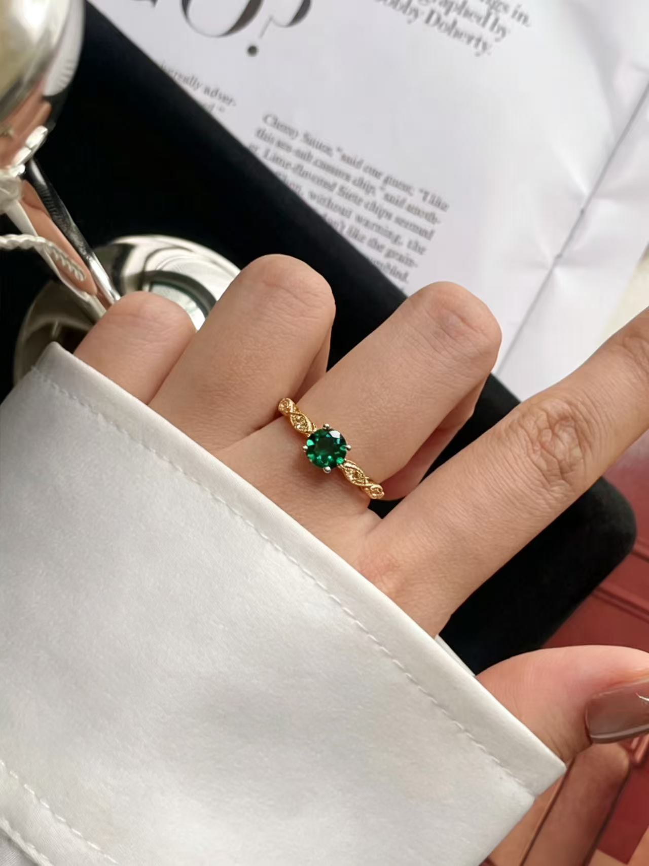 Round Brilliant Cut Emerald Ring - Floral Elegance