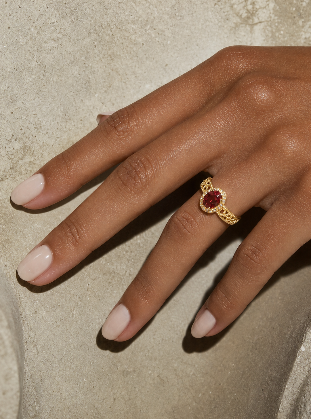 Garnet-Oval Brilliant Cut Ring-Gilded Filigree