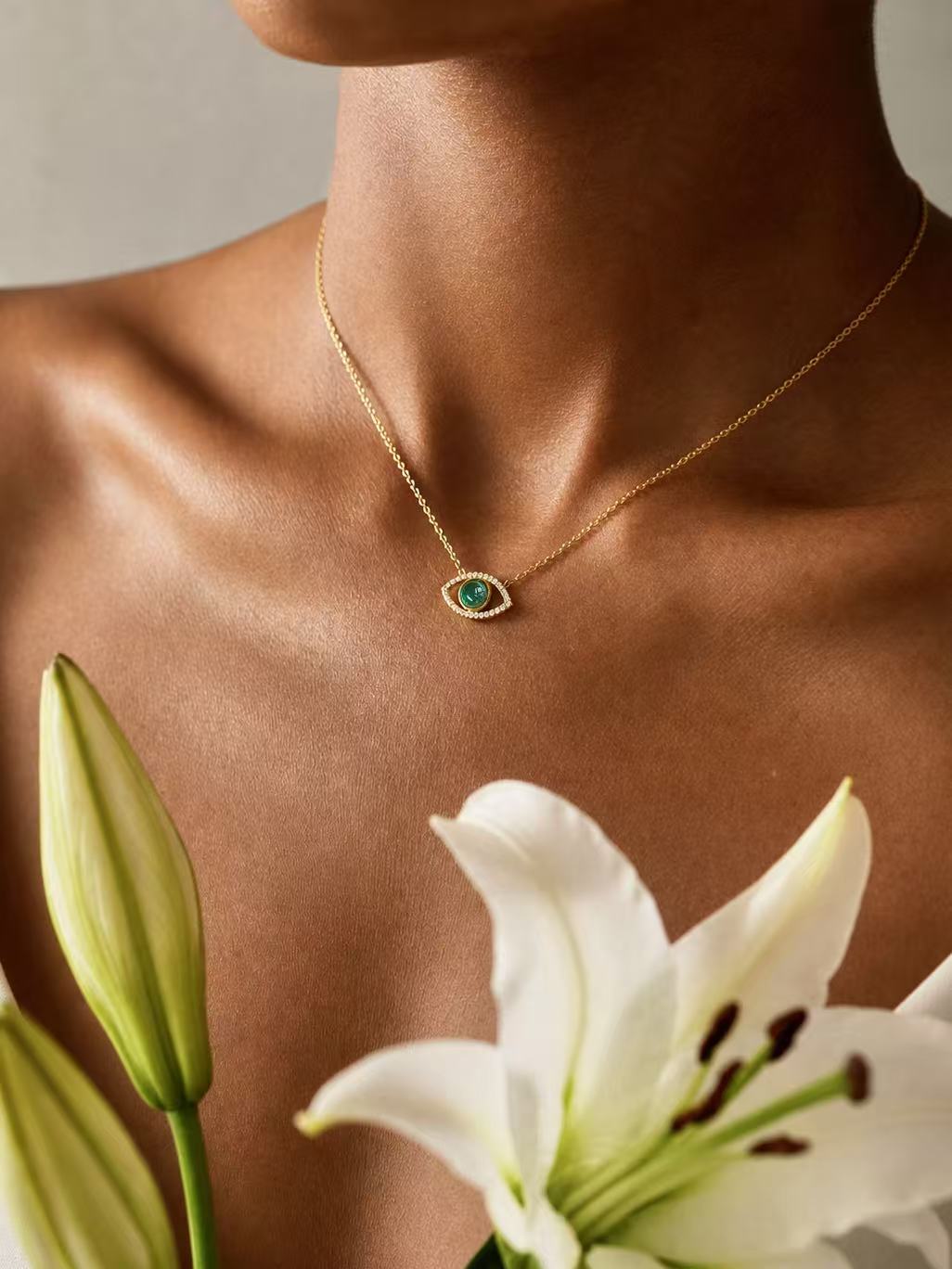 Round Brilliant Cut Emerald Necklace - Evil Eye Guardian