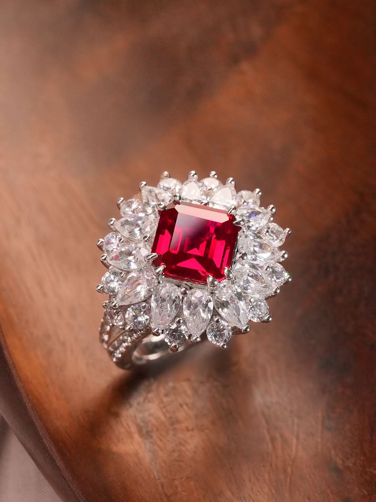 Emerald Brilliant Cut Ruby Ring - Reverie