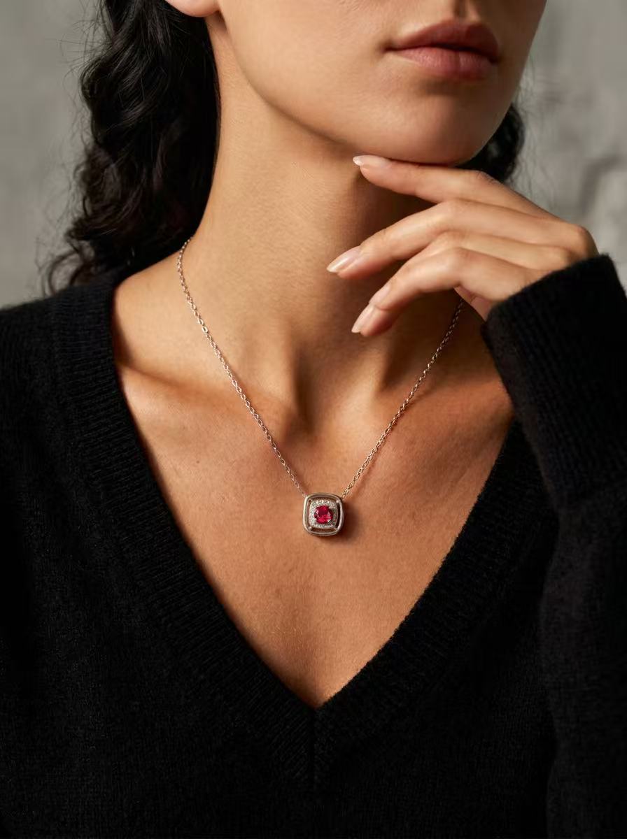 Round Brilliant Cut Ruby Necklace -  Cube Blaze