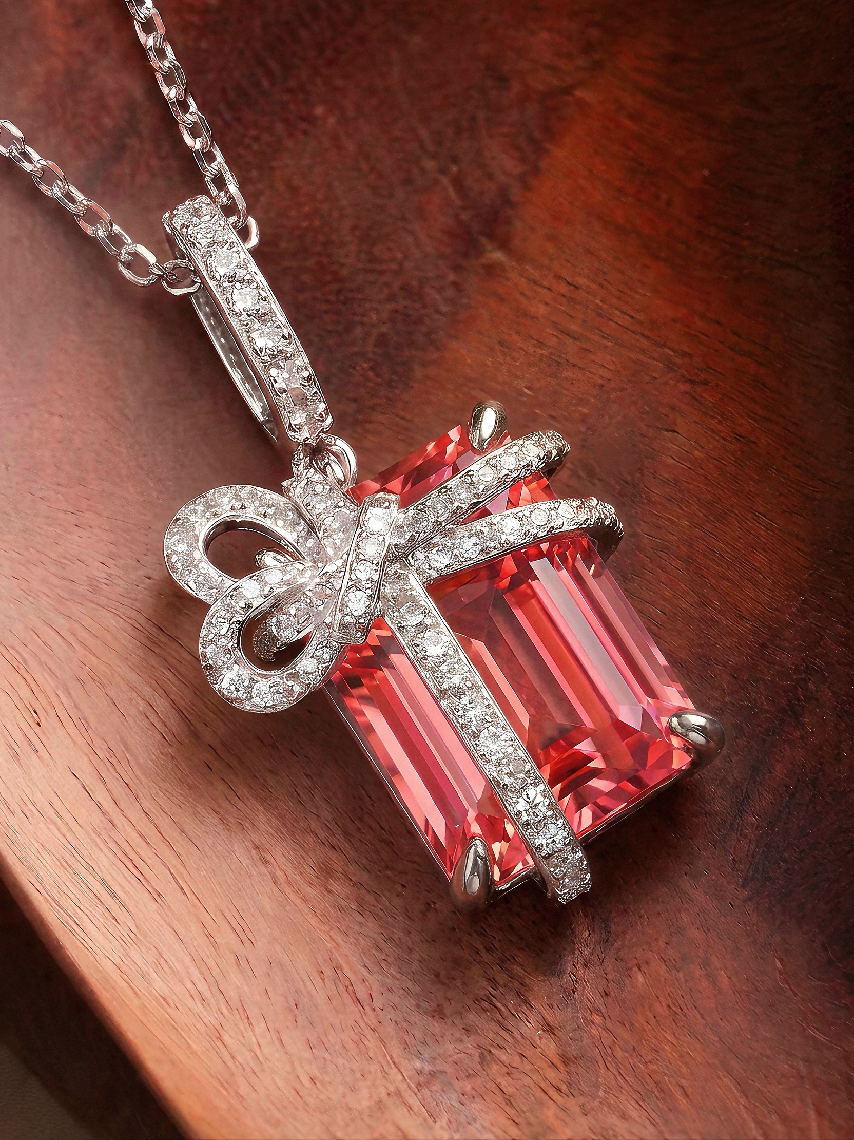 Emerald Brilliant Cut Padparadscha Necklace - Bow Present