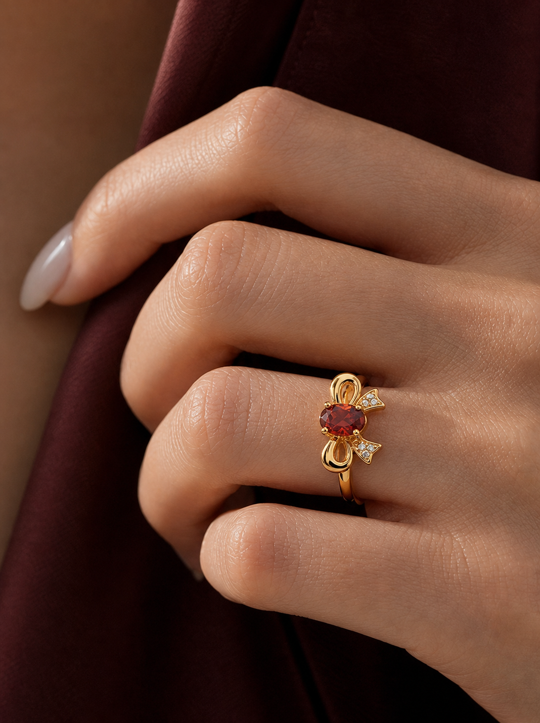 Garnet-Oval Brilliant Cut Ring-Gilded Ribbon