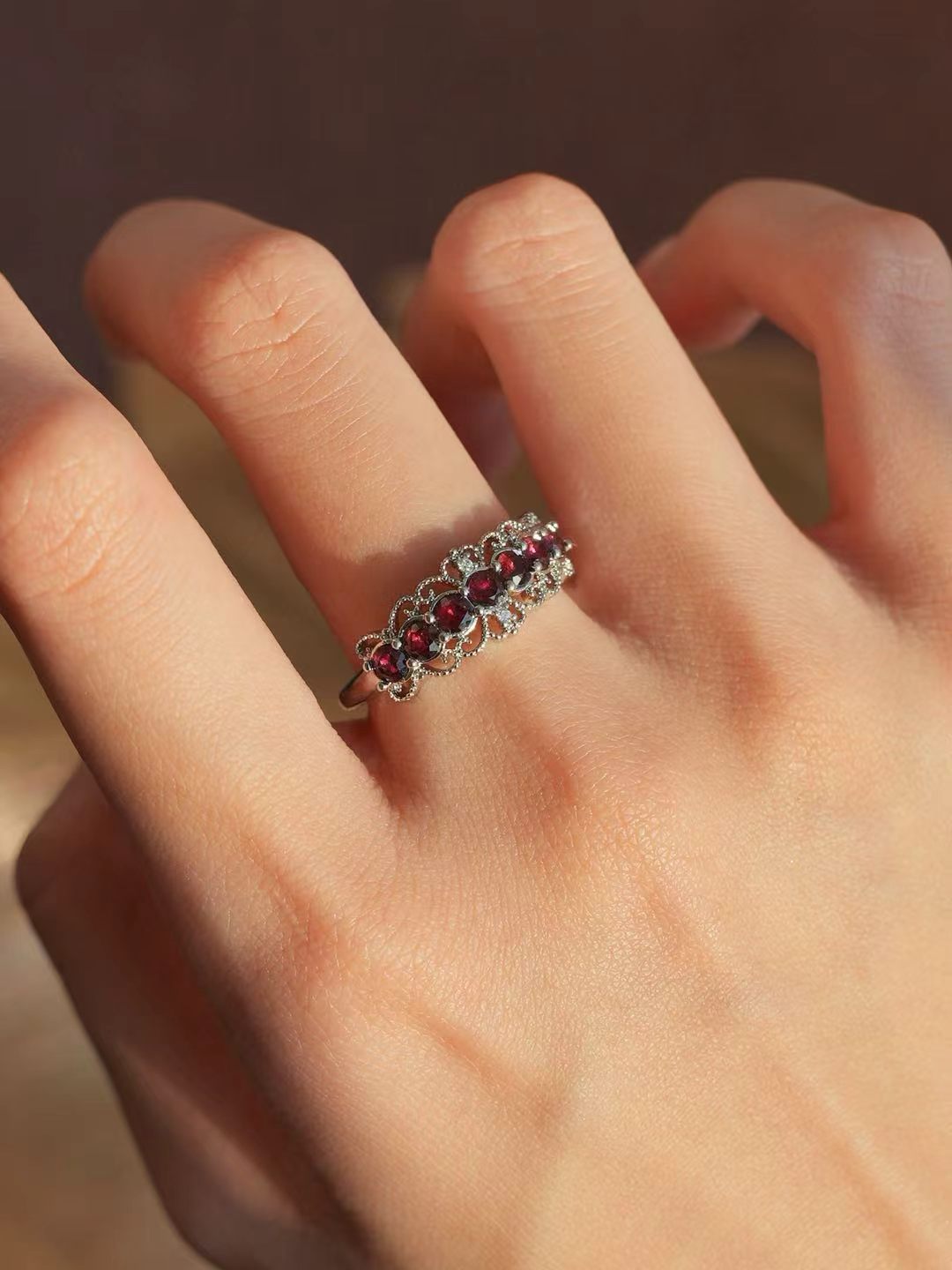 Round Brilliant Cut Natural Garnet Ring - Garnet Blossom