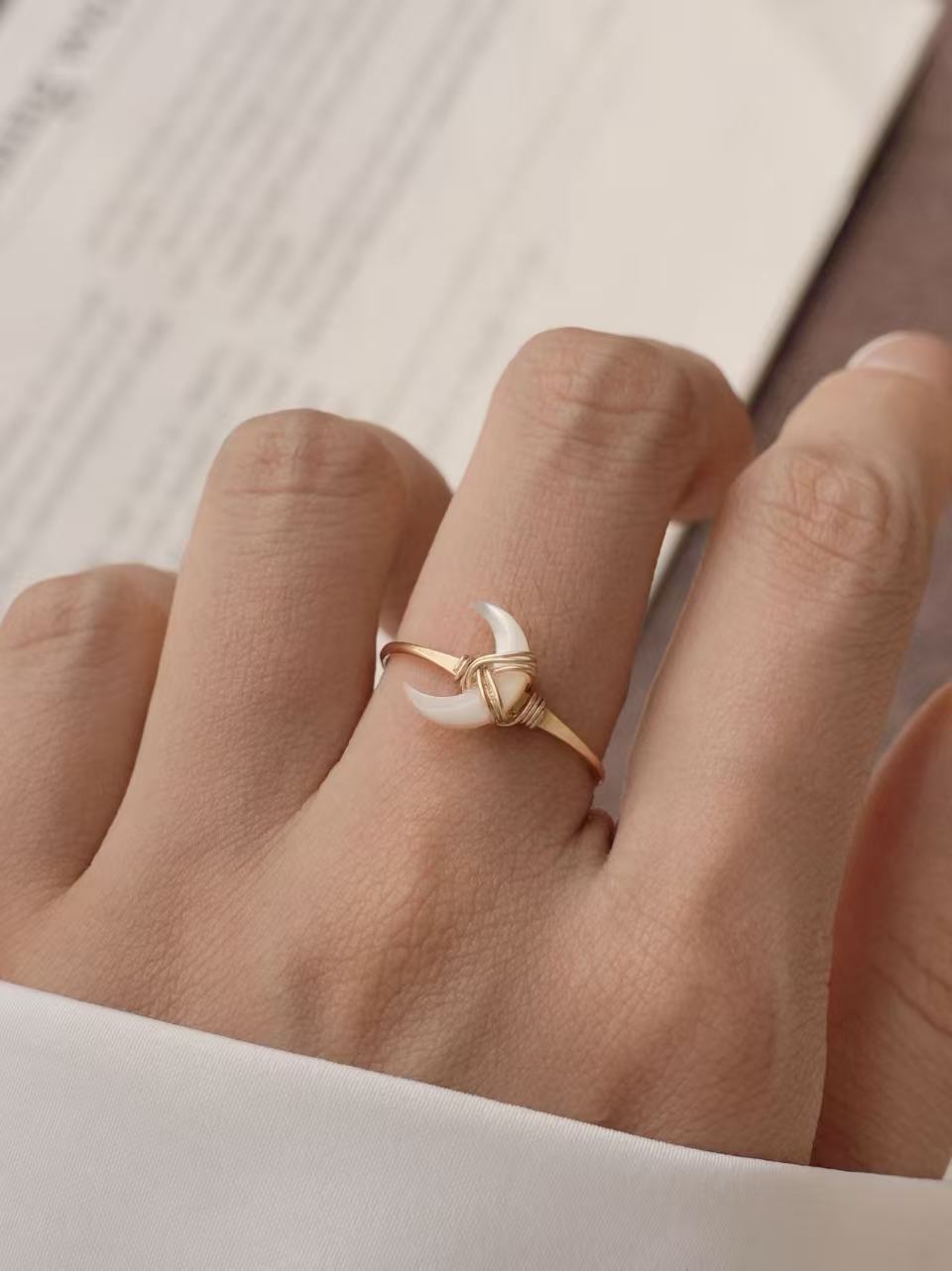 Crescent Moon Cut Shell Ring - Moonlit Tides