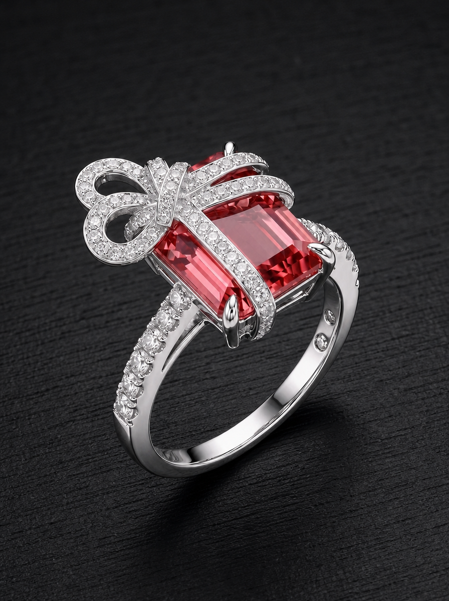 Emerald Brilliant Cut Padparadscha Ring - Bow Present