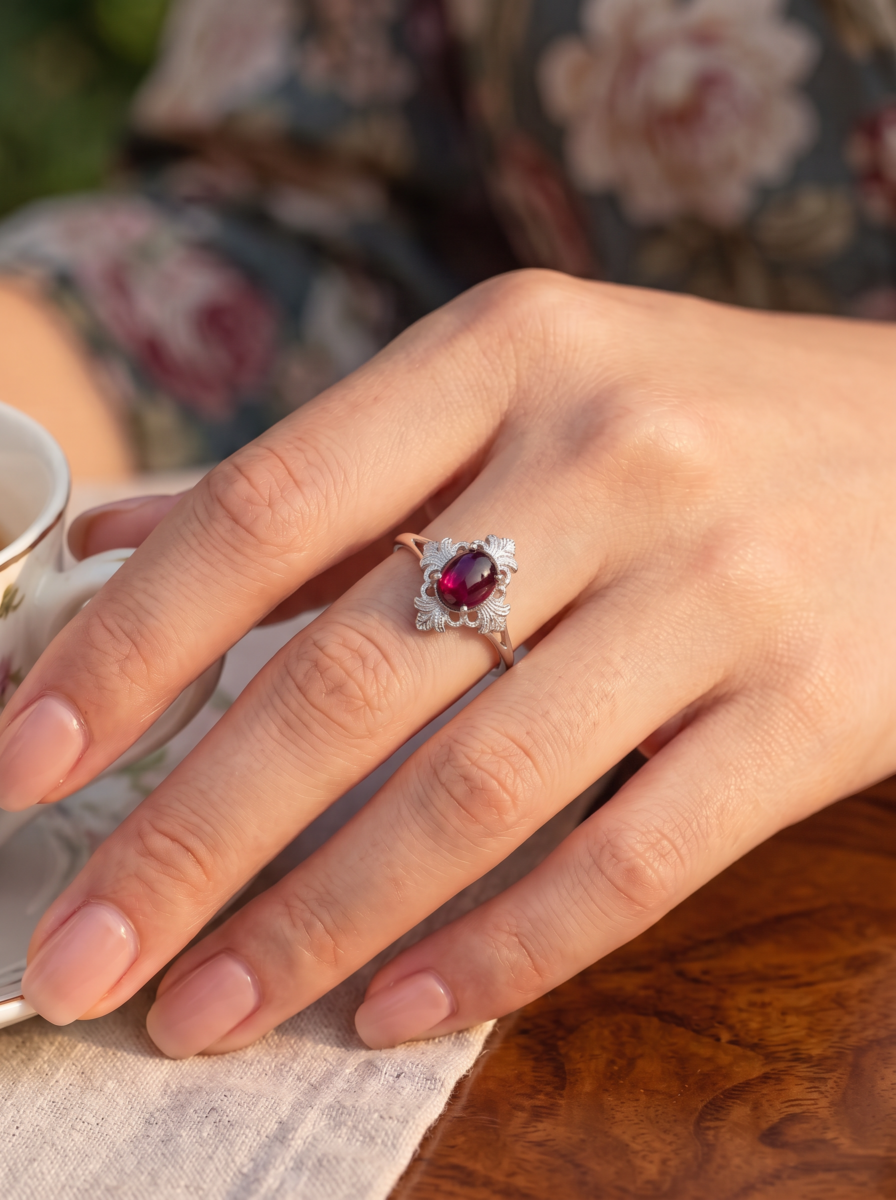 Garnet-Cabochon Cut Ring-Crimson Blossom
