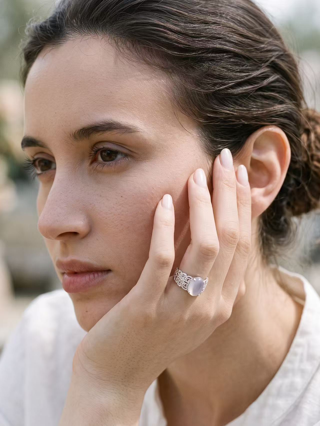 Oval Cabochon Cut Chalcedony Ring - Lunar Veil