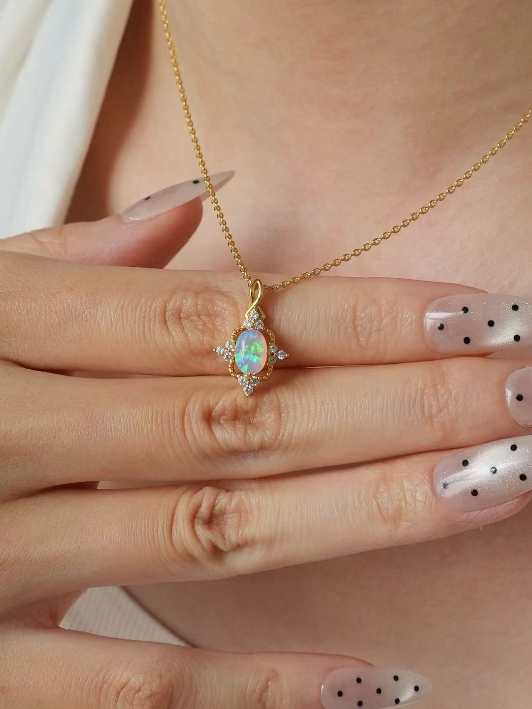 Oval Brilliant Cut Cabochon Opal Necklace - Aurora Star