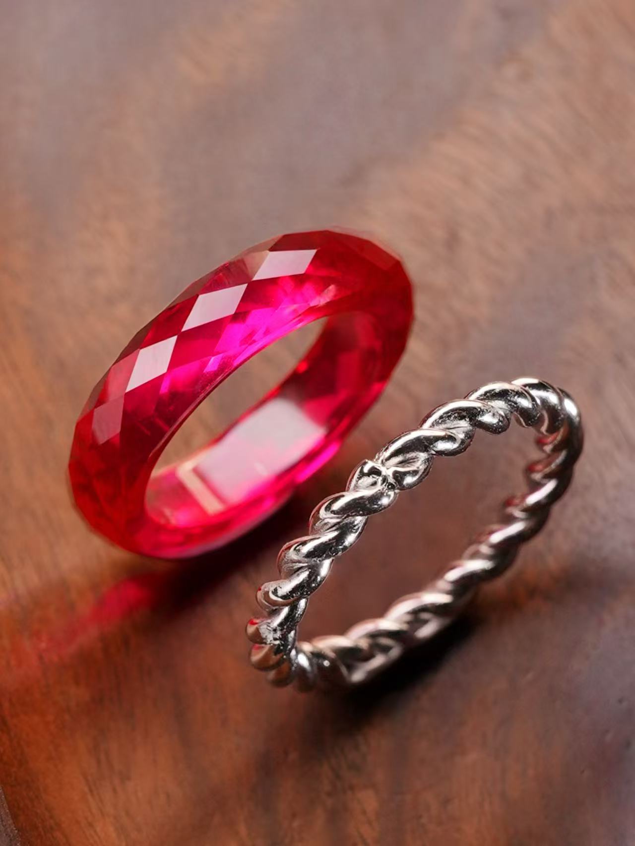 Ruby-360-Degree Faceted +Twisted Metal SILVER Rings