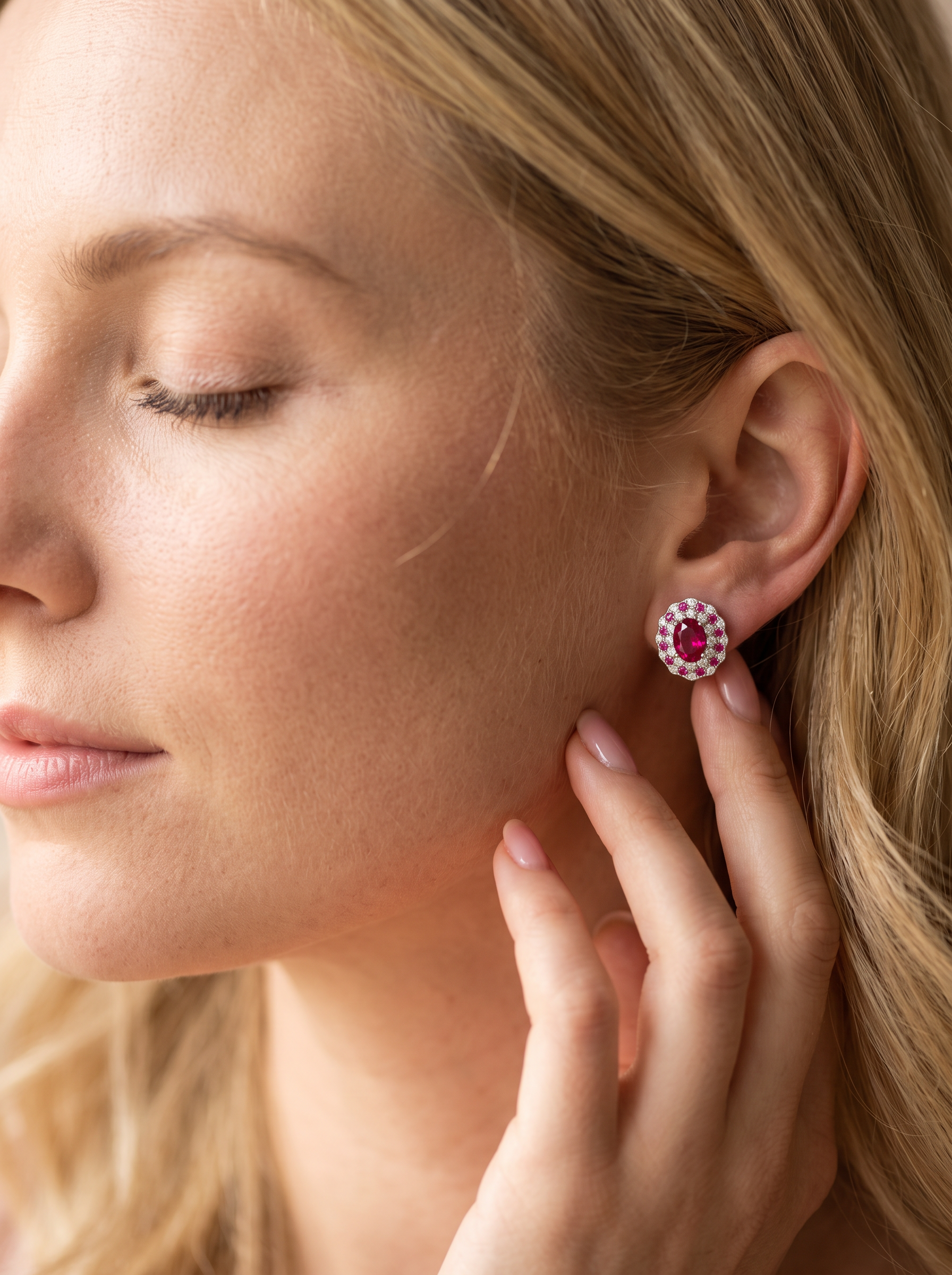 Oval Brilliant Cut Ruby Earrings - Blush Wreath